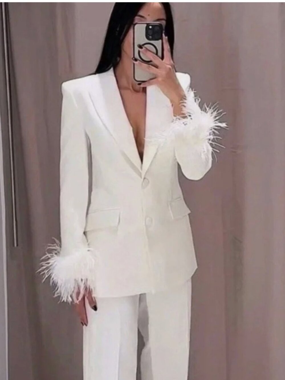 Zara Women mid-Ecru White Blazer with Feather Cuffs S M NWT